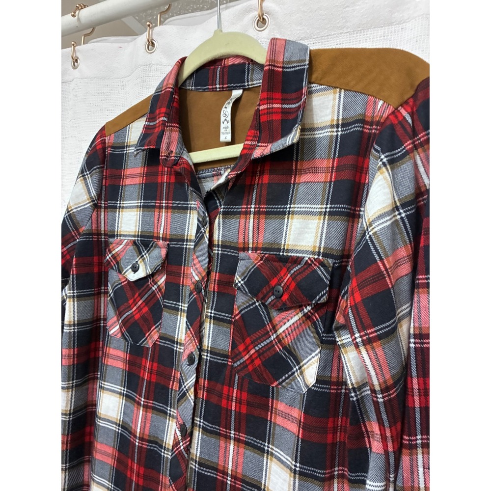 Women Red Black Plaid Button Down Shirt Suede Yoke Roll Tab Sleeve Large Western
